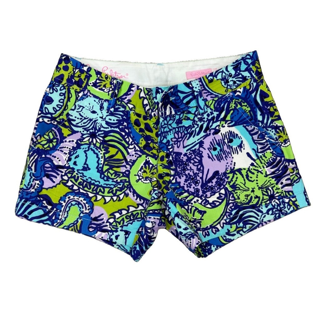 Lilly Pulitzer Shorts Women's 2 Blue Purple  Callahan Tropical Cat Cotton Preppy